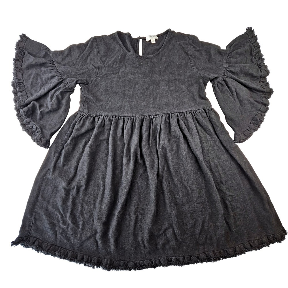 Umgee USA Black Linen Cotton Fringe Bell Sleeve Babydoll Dress Small A6021